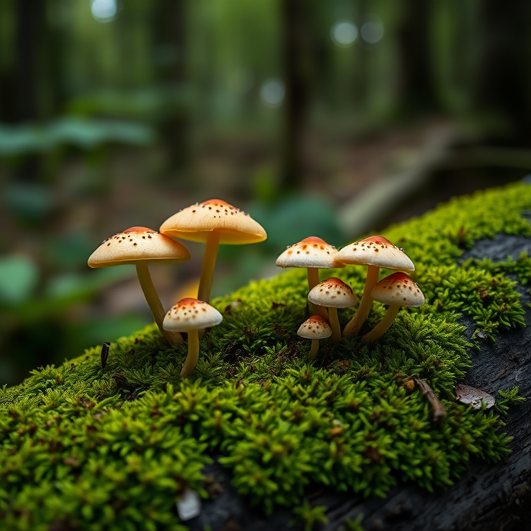 mushrooms on a mossy log in a forest, shallow depth of field, soft focus background, f/2.8 aperture, 50mm lens, ISO 100, natural light, macro photography, DSLR camera