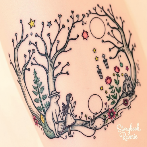 Illustrative tattoo named "Storybook Reverie" showcasing a whimsical scene with fantastical creatures enchanted forests and fairy tale elements rendered in a delicate hand-drawn style with soft shading and fine linework