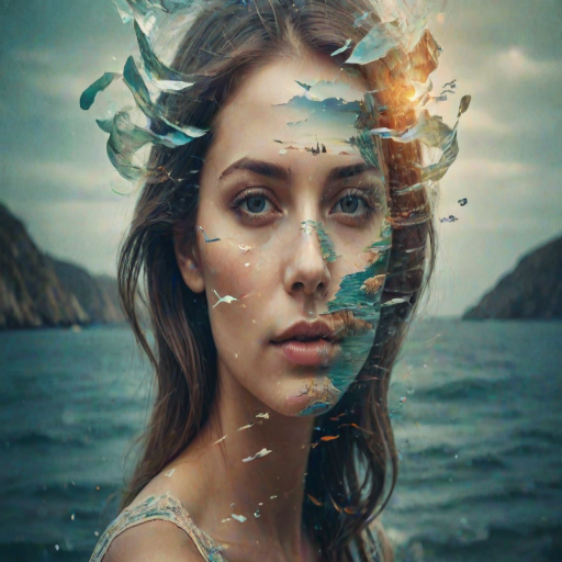 imagine Book cover, A surreal double exposure portrait that blends a woman's face with a beautiful seascape. The overall mood is dreamy and mystical, with rich colors and intricate details