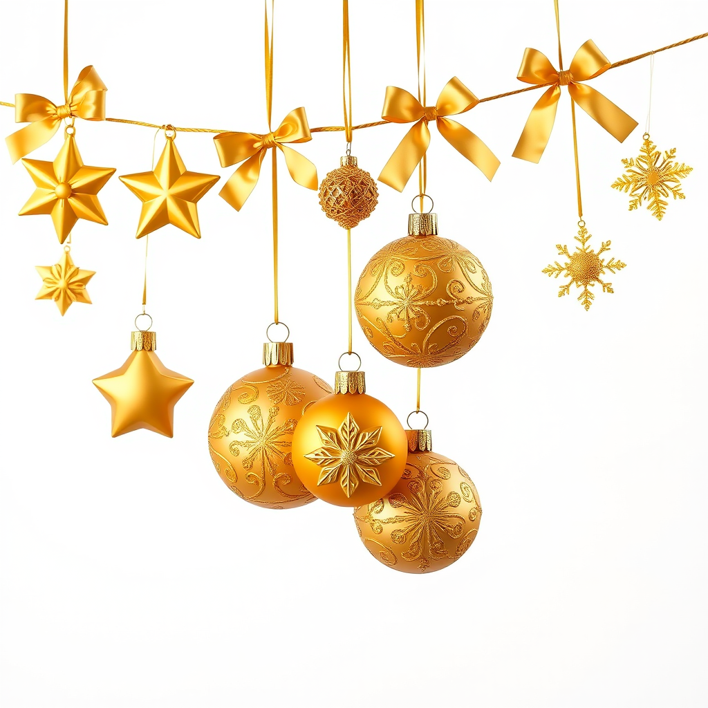 Create a high-resolution image of golden Christmas ornaments including stars, flowers, and snowflakes hanging from a string with bows against a white background, using a DSLR camera with f/2.8 aperture, ISO 100, 50mm lens, and a balanced natural light setup.