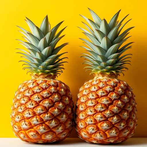 Two ripe pineapples against a bright yellow background, captured with a Canon EOS R5, 50mm lens, aperture f/2.8, ISO 100, shutter speed 1/125s, natural light style, centered composition.