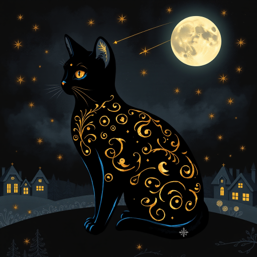 a stylized black cat with iridescent golden arabesques all over its body, on a grungy smoky black background with matching celestial designs, a full moon with silhouettes of lit houses, bright shooting stars, dazzling, magical BG, reminiscent of Christmas wonderland