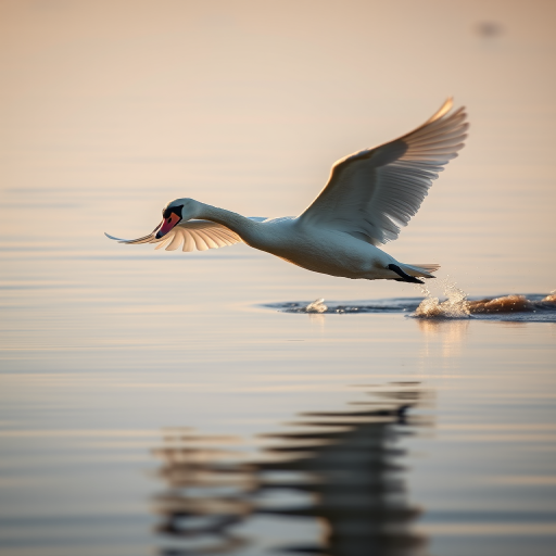 Capture a swan in flight over a reflective water surface, early morning light, using a DSLR camera with a 200mm lens, aperture f/5.6, shutter speed 1/1000s, ISO 200, low angle view for dramatic effect.