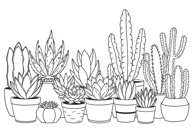 Create a detailed illustration featuring an array of hand-drawn line art succulents and cacti arranged in various pots, captured with a DSLR camera at f/2.8 aperture, ISO 100, 50mm lens, natural lighting for a soft focus background.