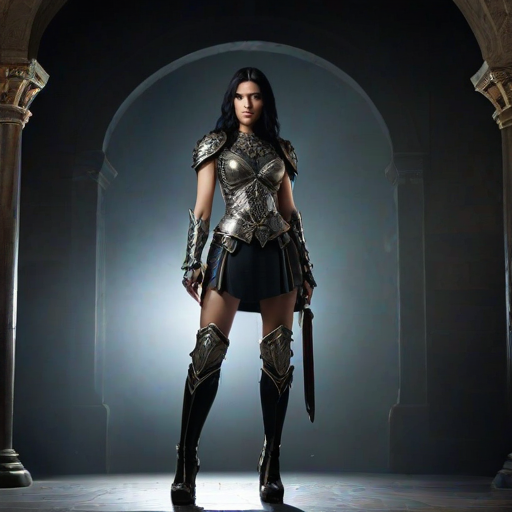Create a photo of a fierce female warrior with long black hair, wearing an ornate, metallic armor. The armor includes a breastplate with intricate designs, shoulder guards, and gauntlets. The breastplate is decorated with a central emblem, possibly representing a mythical symbol, and has a sculpted, form-fitting design. She wears a belt with a large skull ornament at the center, and her armor extends into a partial skirt, revealing one leg. The overall look is both protective and stylish, with a dark, gothic aesthetic. The background is dimly lit, suggesting a medieval or fantasy setting, enhancing the warrior's imposing presence and intense expression.