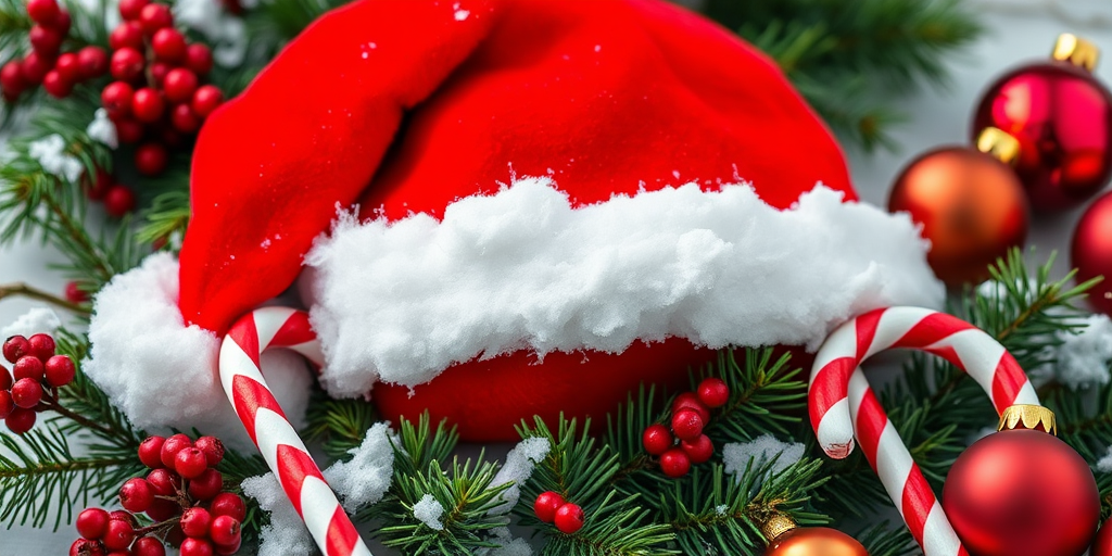 Create a vibrant Christmas-themed composition featuring a red Santa hat adorned with snow, surrounded by pine branches, red berries, a candy cane, and ornaments, captured with a DSLR camera, 50mm lens, f/2.8 aperture, ISO 100, and natural lighting to enhance colors and details.