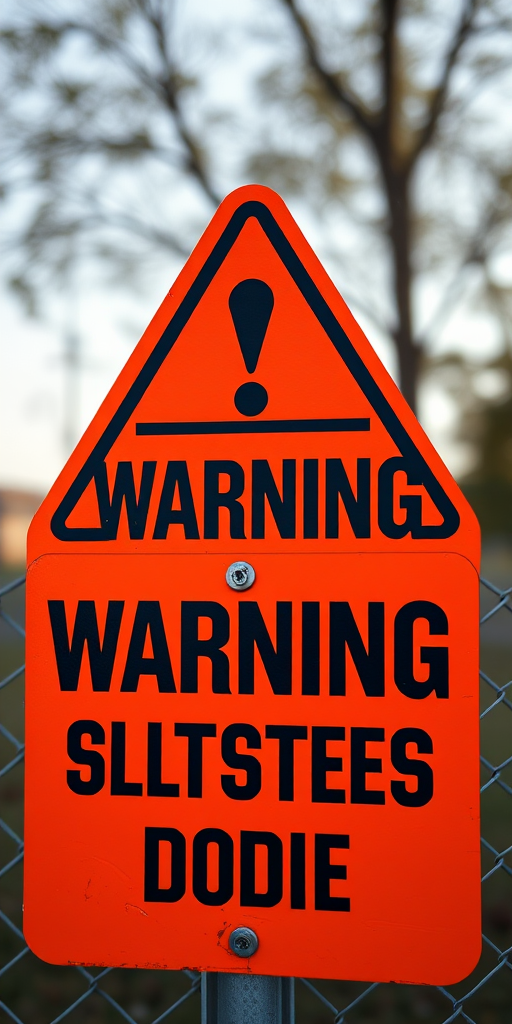 Create an image of a warning sign with bold black text on an orange background, using a 35mm lens, f/8 aperture for depth of field, daylight lighting for clarity, and shot from a straight-on angle with a digital DSLR camera to enhance image quality.