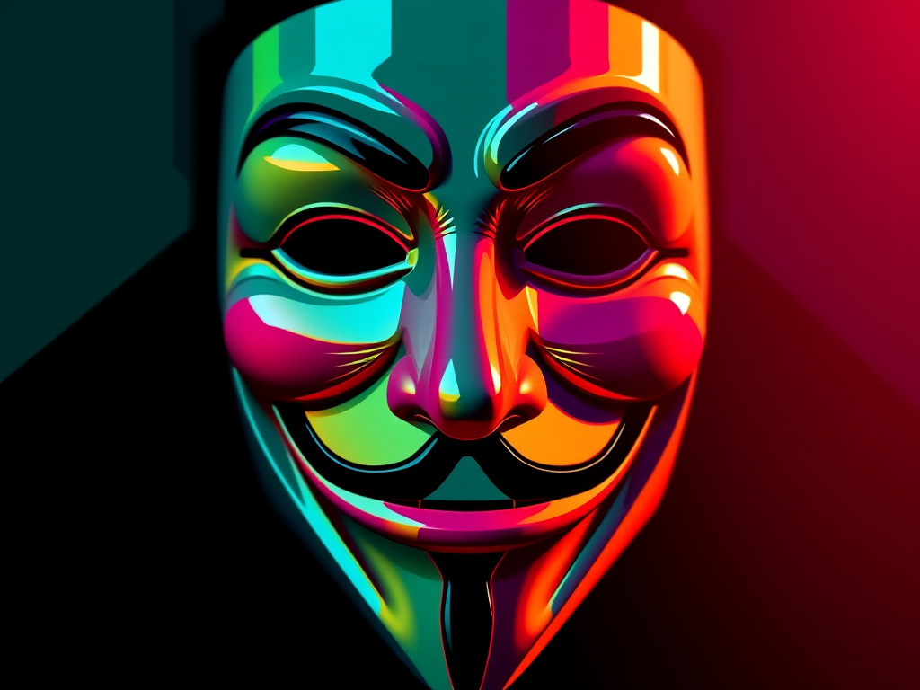 Create a high-resolution digital illustration of a Guy Fawkes mask with a colorful pixelated effect, using a Canon EOS R5 camera, 50mm lens, f/1.8 aperture, ISO 100, shot in natural light, with a focus on vibrant colors and intricate details.