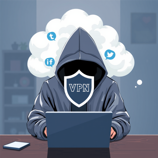 Create an illustration depicting a hooded figure using a laptop, with a secure VPN shield symbol separating the figure from a cloud with social media icons, shot from a top-down angle, using a 50mm lens at f/1.8 for a shallow depth of field, in a well-lit environment, rendered in vector style.