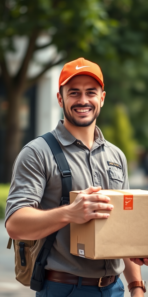 portrait of a smiling delivery man holding a package in a well-lit outdoor setting, f/2.8 aperture, 50mm lens, ISO 100, natural light, DSLR camera, shallow depth of field, soft bokeh background