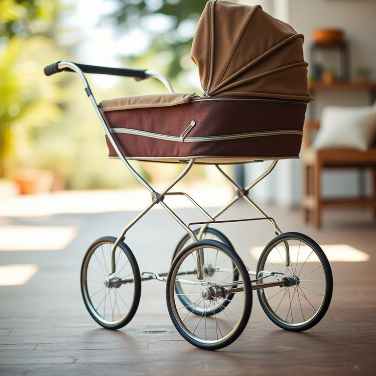 Create a high-resolution image of a vintage baby stroller with a classic design, shot using a DSLR camera, 50mm lens, f/2.8 aperture, ISO 100, in natural daylight with a shallow depth of field, front view, emphasizing the details of the wheels and fabric.