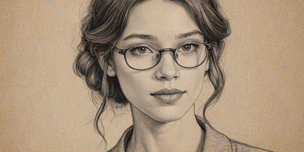 Comely Astrid Berges-Frisbey, pencil sketch, portrait of Graceful woman 1925s in glasses, hair style beatnik, outline, clear lines, fine lines, 8k