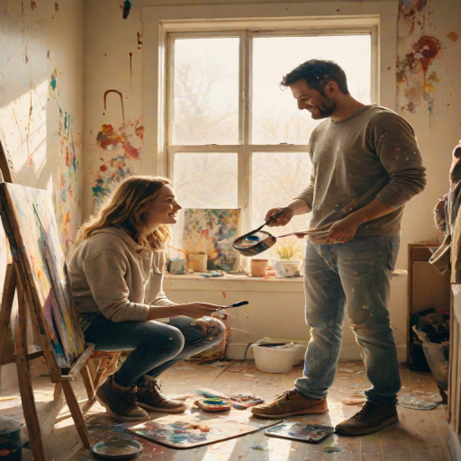Warm, intimate image of a couple painting a room together, soft sunlight streaming through the window, splatters of paint on their clothes, and the smell of fresh paint and laughter filling the space.