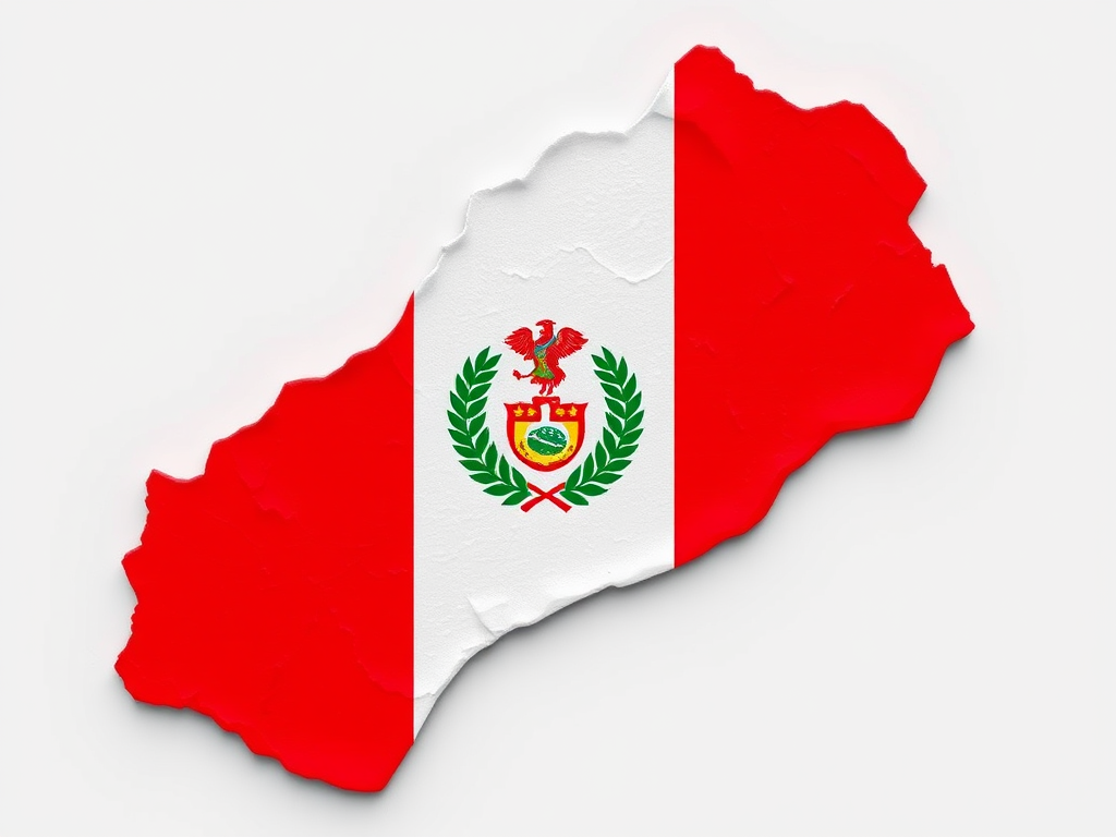 Create an enhanced representation of the map of Peru with the national flag colors, focus on vibrant red and white hues, shot with a 50mm lens at f/8, ISO 100, with a clean background using a DSLR camera in an overhead view for clarity.