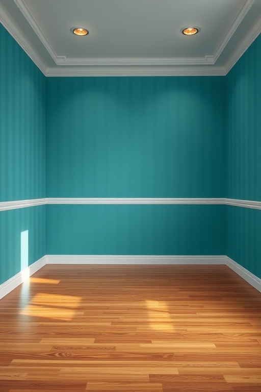 A well-lit empty room with teal striped walls and a wooden floor, captured with a DSLR camera at f/8 aperture, ISO 200, 24mm focal length, and a wide-angle lens for a clear, vibrant image.
