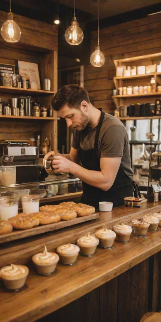 Charming cafe scene, with a barista skillfully pouring latte art, customers chatting at rustic wooden tables, and pastries displayed in a glass case, all bathed in warm, golden light.