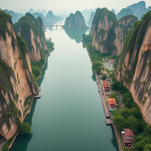 Aerial view of a serene river surrounded by limestone cliffs and traditional Chinese architecture, captured with a DSLR camera at f/8 aperture, ISO 100, 24mm lens, natural lighting, focus on landscape, with a soft bokeh effect.