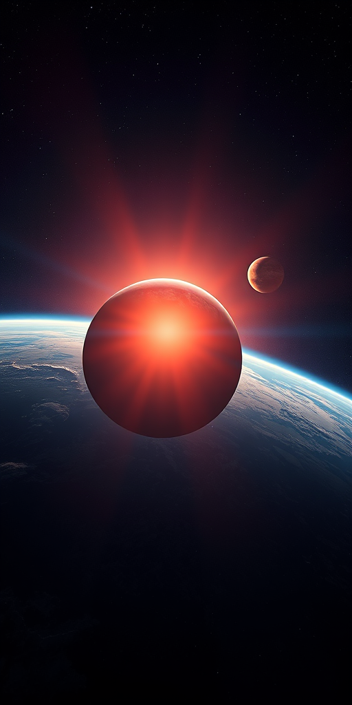 Generate a high-resolution image of Earth and Mars in a cosmic space scene with a vibrant sun in the background, using a Canon EOS R5 camera, 24mm f/1.4 lens, aperture set to f/8, ISO 100, and a panoramic view.