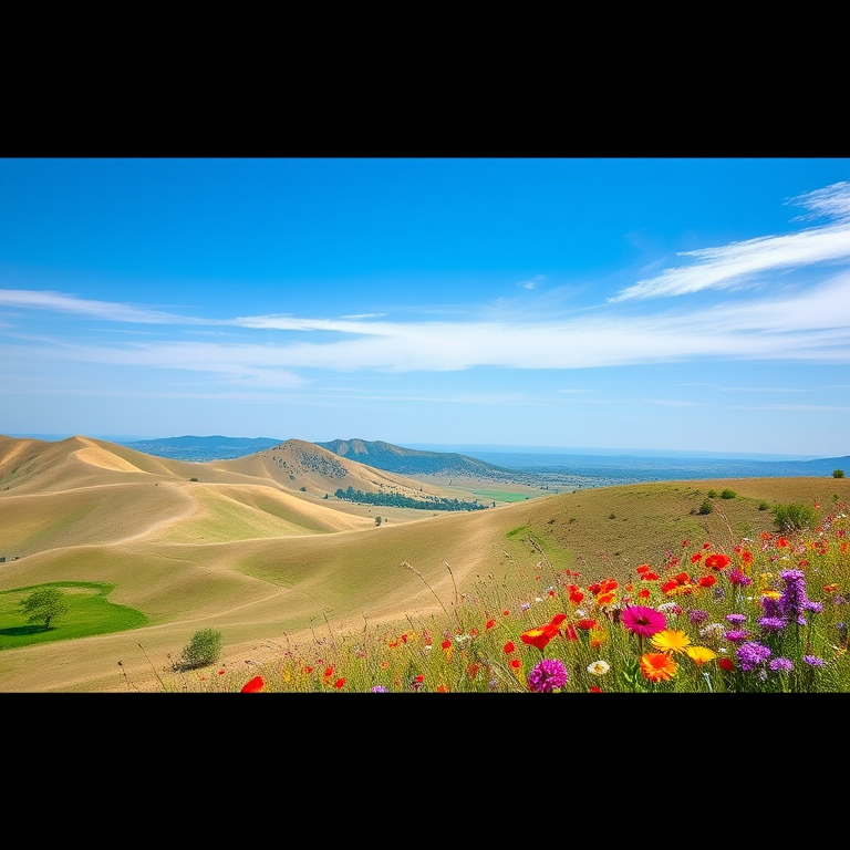 Generate a high-resolution image of a serene landscape featuring rolling hills, vibrant wildflowers, and a clear blue sky taken with a Canon EOS R5, ISO 100, f/8 aperture, 100mm lens, natural lighting, and a wide-angle view.