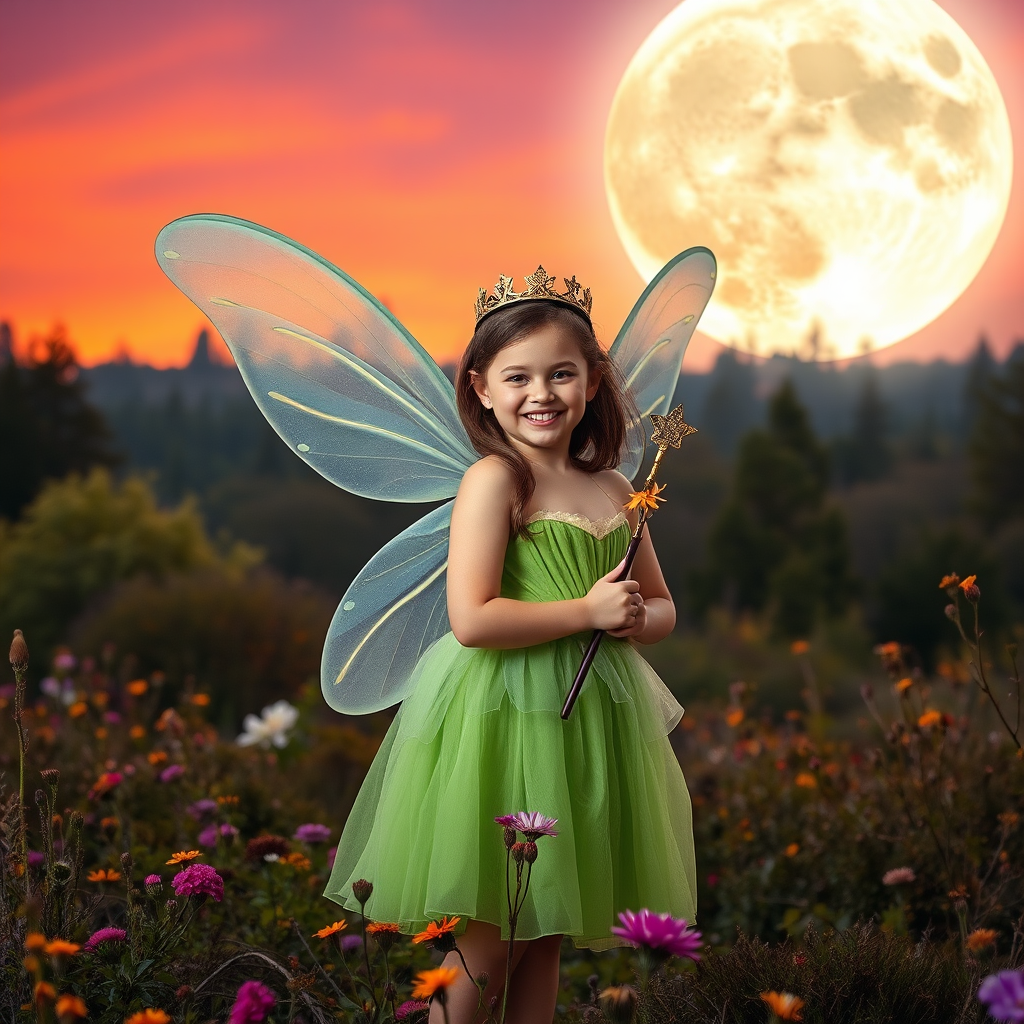A vivid photo  taken under a bright camera flash of a fantastical scene set against a backdrop of a forest during sunset. The main subject is a girl dressed as a fairy, adorned with translucent wings and a green dress, holding a wand, her face is happy, and she wears a crown on her head. The forest behind her is a blend of flowers, shrubs and trees. The sky is painted in hues of orange and pink, with a large, glowing moon casting a warm glow over the scene. The overall color palette is dominated by earthy tones.