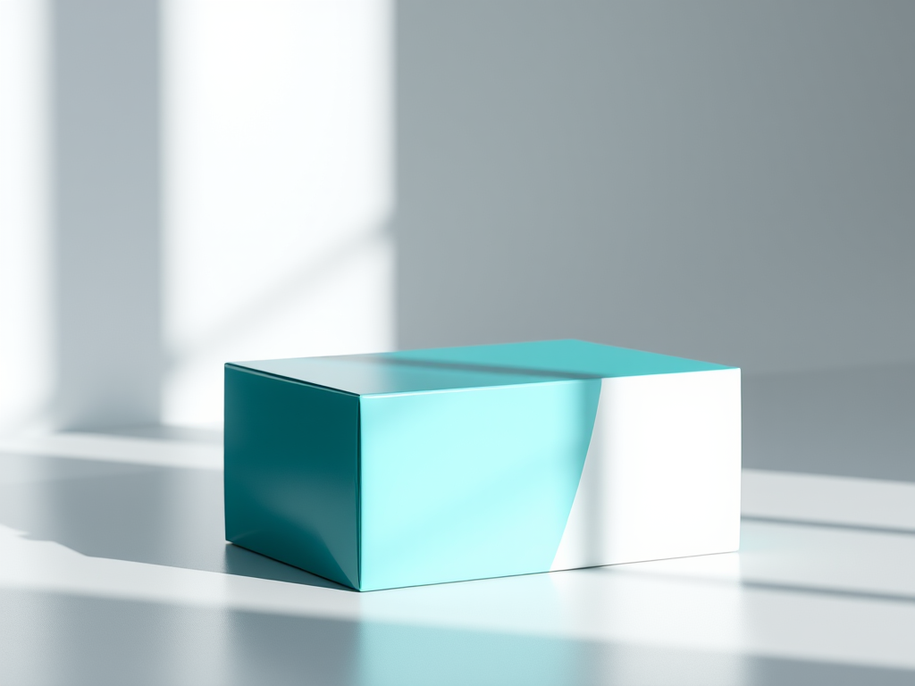 Generate a realistic 3D rendering of a teal and white product box with detailed shadows and reflections, captured using a DSLR camera at f/11, ISO 100, 50mm lens with a slightly tilted view from the left side to enhance depth.