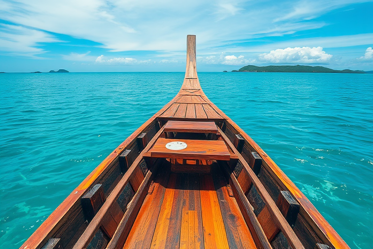 generate a serene watercolor painting of a wooden boat on calm turquoise waters with distant islands, use a Canon EOS R5 with a 24-70mm lens, f/8 aperture, ISO 200, 1/125s shutter speed, and a wide-angle view to enhance depth and detail.