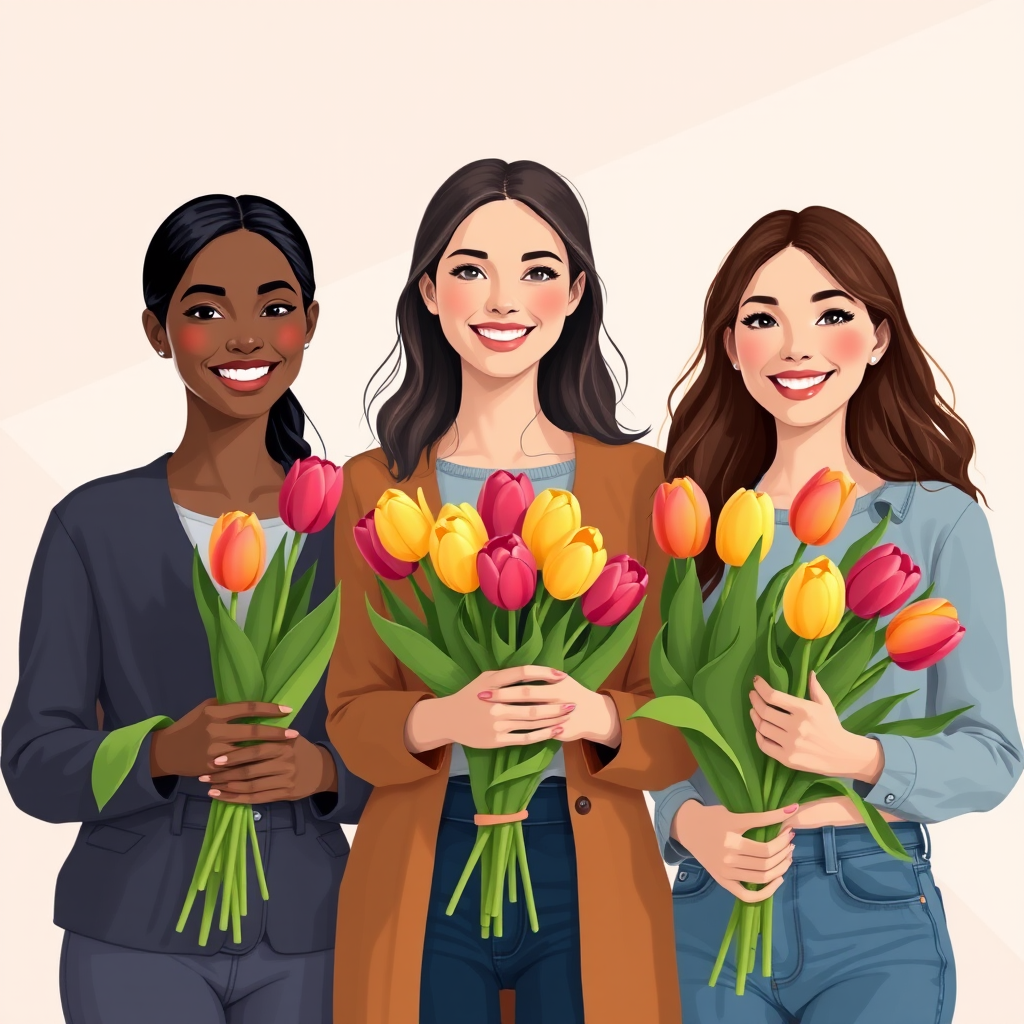 Generate an illustration of three diverse women holding bouquets of tulips, with vibrant colors and friendly expressions; use a Canon EOS R5 with a 50mm lens, aperture f/1.8, ISO 100, and a natural light setting for enhanced clarity and warmth.