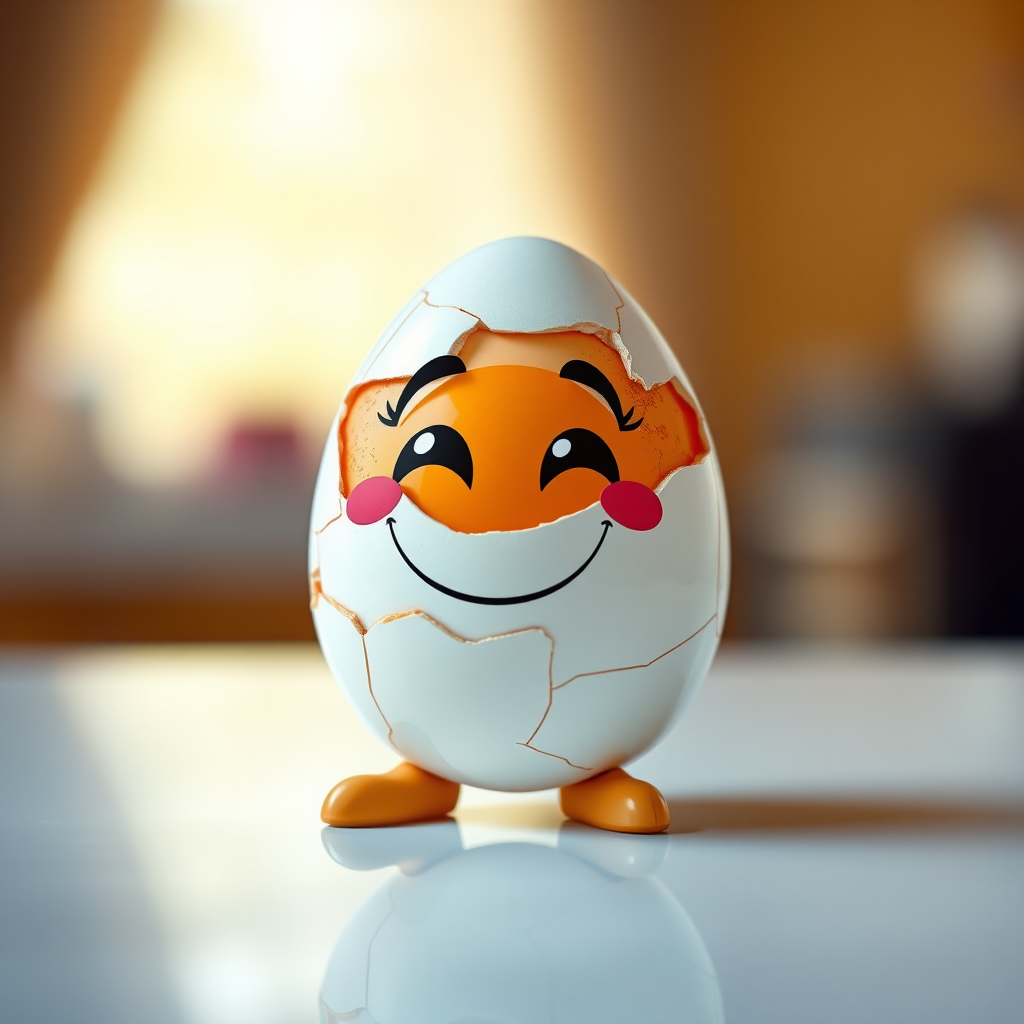 Create a vibrant cartoon image of a happy egg character with a cracked shell, placed on a glossy white surface, using a Canon EOS 5D Mark IV, 50mm lens, f/2.8 aperture, 1/100 sec shutter speed, with a soft focus background to enhance the egg's bright colors and cheerful expression.