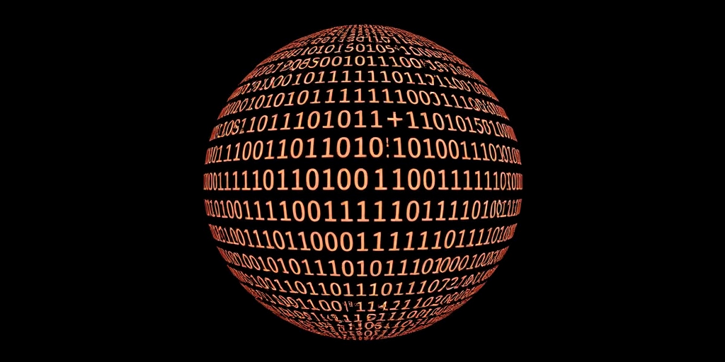 Create a 3D sphere covered in binary code with a dark background, using a DSLR camera with a 50mm lens, f/1.8 aperture, ISO 100, 1/200s shutter speed, centered view, and enhanced detail for a high-quality finish.