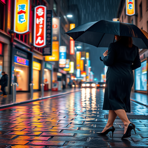 Rainy city street at night, neon signs casting a colorful glow on the wet pavement, a woman in a black trench coat walks quickly under her umbrella, her heels clicking against the cobblestones.