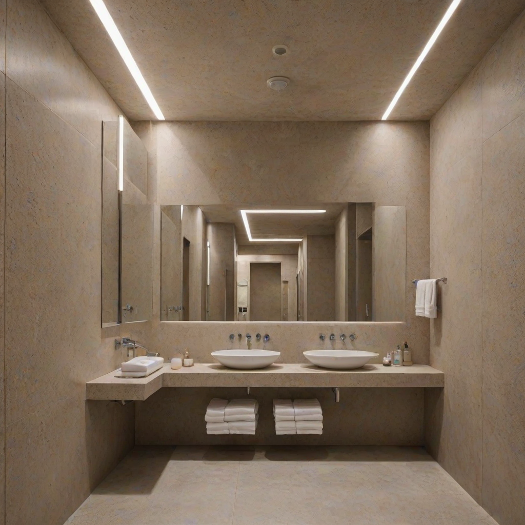 Public bath, basins of Beige granite, large mirror, white door without window, hidden lights in the ceiling walls, gray ceramic walls