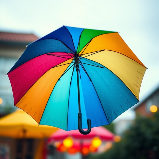 Create a colorful umbrella illustration with vibrant colors and sharp details, using a Canon EOS R5 with a 50mm f/1.2 lens at f/4, ISO 100, and a shallow depth of field to enhance clarity and focus on the umbrella against a soft blurred background.
