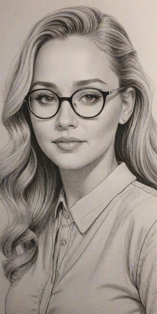 Stunning Amanda Bynes, pencil sketch, portrait of Radiant woman 1945s in glasses, hair style beatnik, outline, clear lines, fine lines, 8k