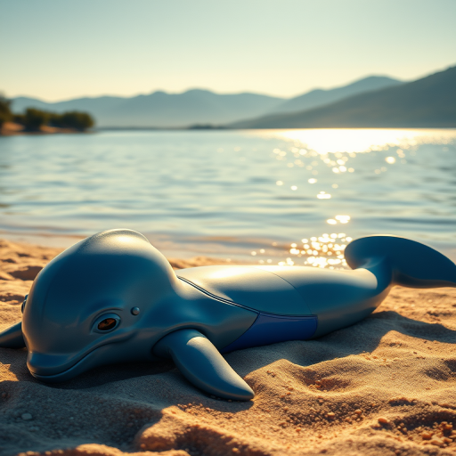 animanflux,This is a highly detailed realistic candid photography depicting an anthropomorphic animal figure.By a tranquil lake, an anthropomorphic dolphin character lies on the beach basking in the sun. The dolphin has smooth blue skin and bright eyes, wearing a blue swimsuit. His fins shimmer in the sunlight, and his tail gently slaps the sand. The lake is sparkling, with the distant mountains reflected on the water's surface.
