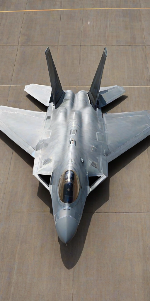 a high-resolution photograph of a sleek F-22 Raptor, situated on a large, flat, gray concrete runway. The aircraft's sleek, angular design and metallic gray color dominate the image. The F-22's wings are swept back