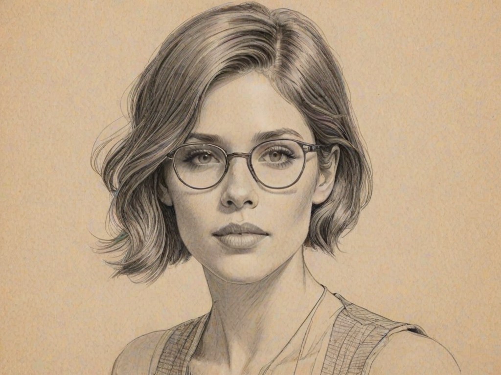 Pleasing Kayla Ewell, pencil sketch, portrait of Sublime woman 1924s in glasses, hair style beatnik, outline, clear lines, fine lines, 8k