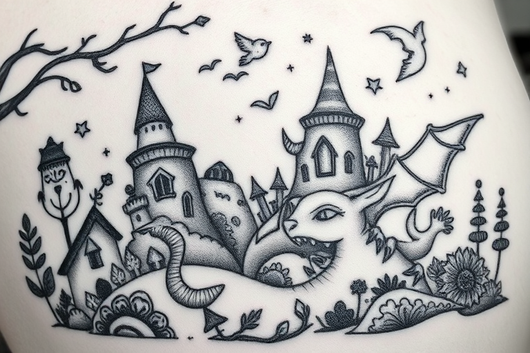 Illustrative black and grey tattoo portraying a whimsical storybook scene with fantastical creatures and landscapes, soft shading and intricate linework creating depth and texture, nostalgic and imaginative design