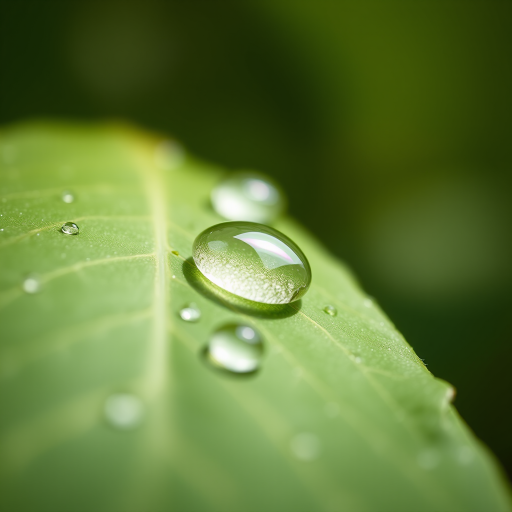 Close-up of a green leaf with water droplets, natural light, f/2.8 aperture, 50mm lens, macro photography, DSLR camera, shallow depth of field, vibrant colors, soft bokeh background.