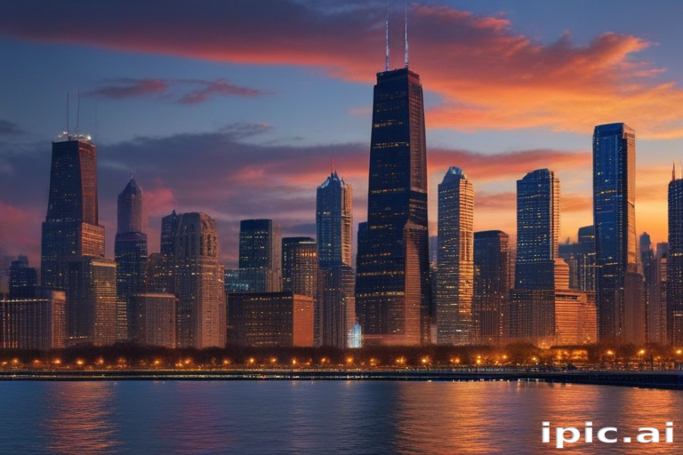 Stunning Cityscape at Dusk with Vibrant Sunset Over Skyscrapers