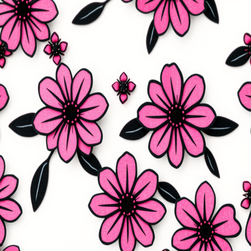 create a seamless pattern of stylized pink flowers with black outlines on a white background, using a macro lens at f/2.8 for shallow depth of field, ISO 100, and a Canon DSLR to enhance color vibrancy and detail