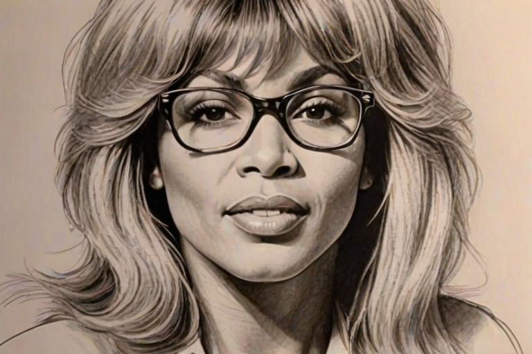 Dazzling Tina Turner, pencil sketch, portrait of Attractive woman 1976s in glasses, hair style beatnik, outline, clear lines, fine lines, 8k