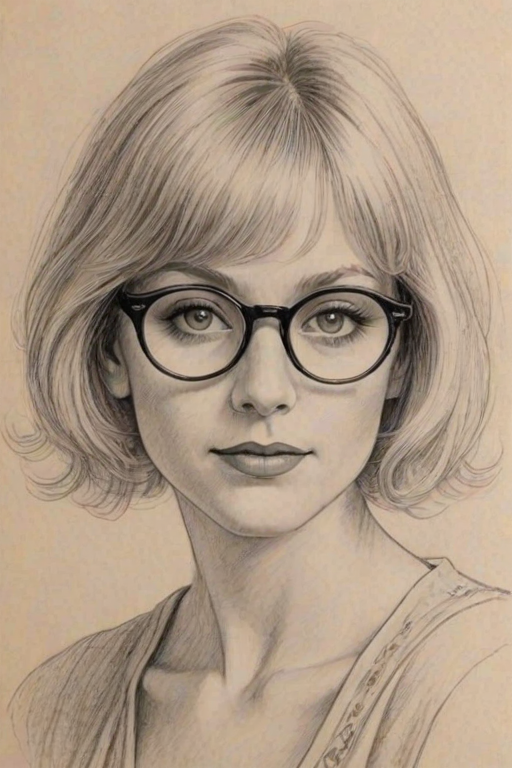 Charming Barbara Crampton, pencil sketch, portrait of Charming woman 1924s in glasses, hair style beatnik, outline, clear lines, fine lines, 8k