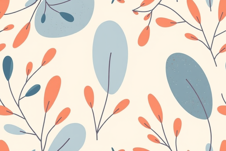 Create a pattern featuring abstract botanical shapes with elongated branches in soft blue and muted coral tones on a light beige background, captured using a DSLR camera with a 50mm lens at f/8, ISO 100, in a top-down view style to enhance clarity and detail.