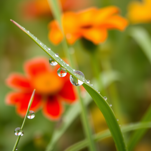 macro shot of dew drops on a blade of grass with a blurred background of red and yellow flowers, f/2.8 aperture, 1/200 sec shutter speed, ISO 100, shot with a DSLR camera, using a 100mm macro lens, natural light for enhanced clarity and detail