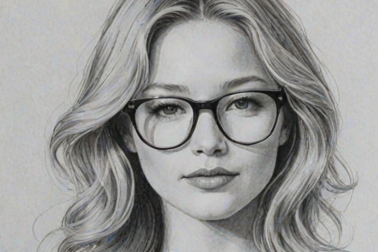 Superb Haley Bennett, pencil sketch, portrait of Graceful woman 1970s in glasses, hair style beatnik, outline, clear lines, fine lines, 8k