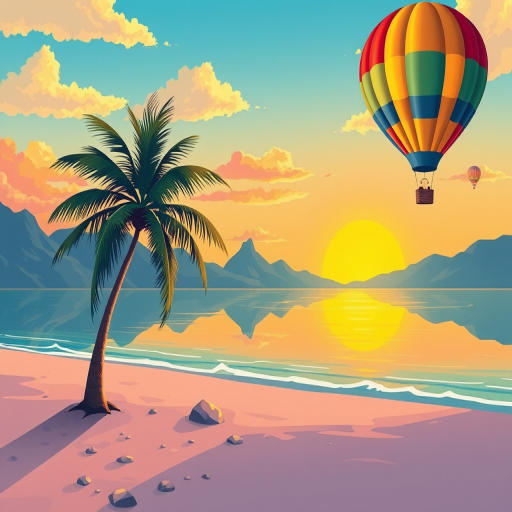 Create a vibrant illustration of a beach scene with a palm tree, mountains, and a setting sun reflected in the water, include a colorful hot air balloon in the sky, use a Canon EOS R5 camera with a 50mm lens, aperture f/1.8, ISO 100, and a soft focus effect to enhance depth and quality.