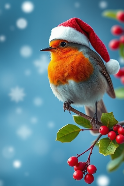 Create a vibrant and detailed image of a robin wearing a festive hat perched on a holly branch with snowflakes falling in a soft blue background, captured with a DSLR camera, 50mm lens, f/1.8 aperture, ISO 200, in natural light for enhanced color and clarity.