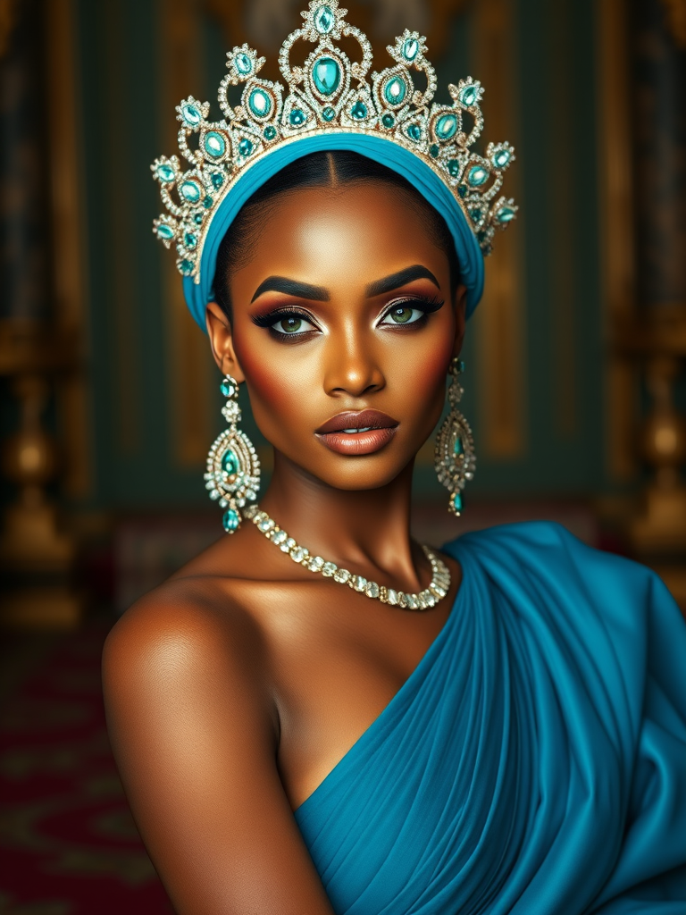 A gorgeous Garifuna woman in a luxurious cyan gown, accessorized with a dazzling tiara and statement earrings, her deep green eyes highlighted by impeccable makeup, poised in a royal setting, photorealistic, 8K quality