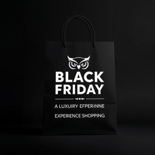 create a premium quality image of a shopping bag featuring an owl logo with the text "BLACK FRIDAY A LUXURY SHOPPING EXPERIENCE" and "EXPERIENCE SHOPPING" on a dark gradient background, use a DSLR camera with a 50mm lens, aperture f/1.8, ISO 200, 1/200 sec shutter speed, and soft diffused lighting for clarity and depth.