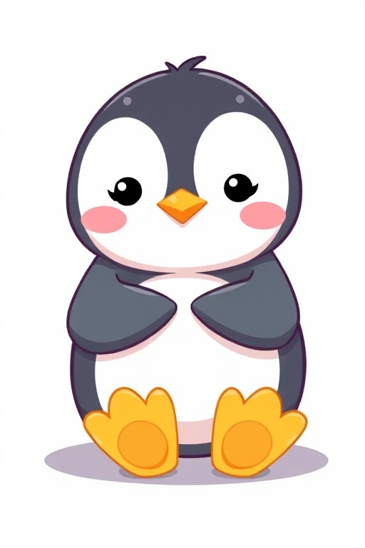 Create a cute cartoon penguin character with a round body, large expressive eyes, and small blush marks on its cheeks. The penguin should have a gray body with a white belly and yellow feet, sitting in a playful pose with its flippers raised slightly as if hugging itself. The overall style should be simple and adorable, appealing to a younger audience.